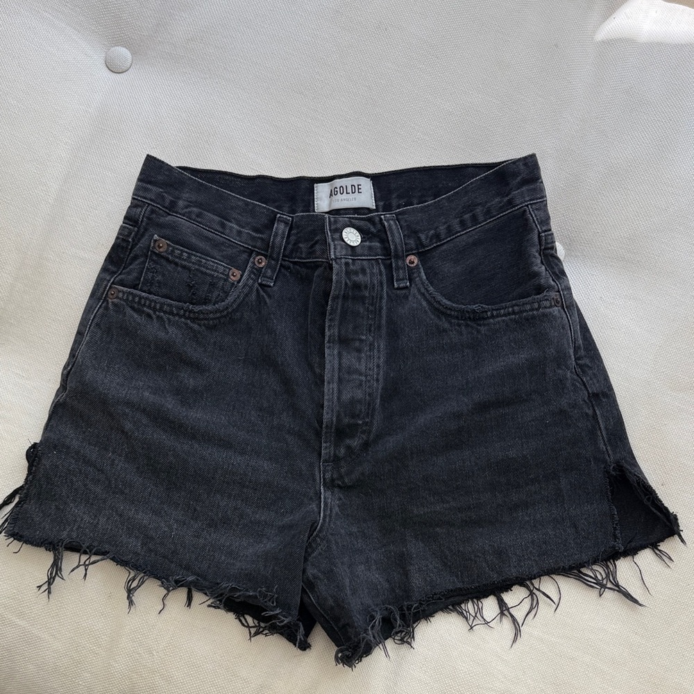Agolde Dee Black High-Rise Frayed Hem Jean Shorts
